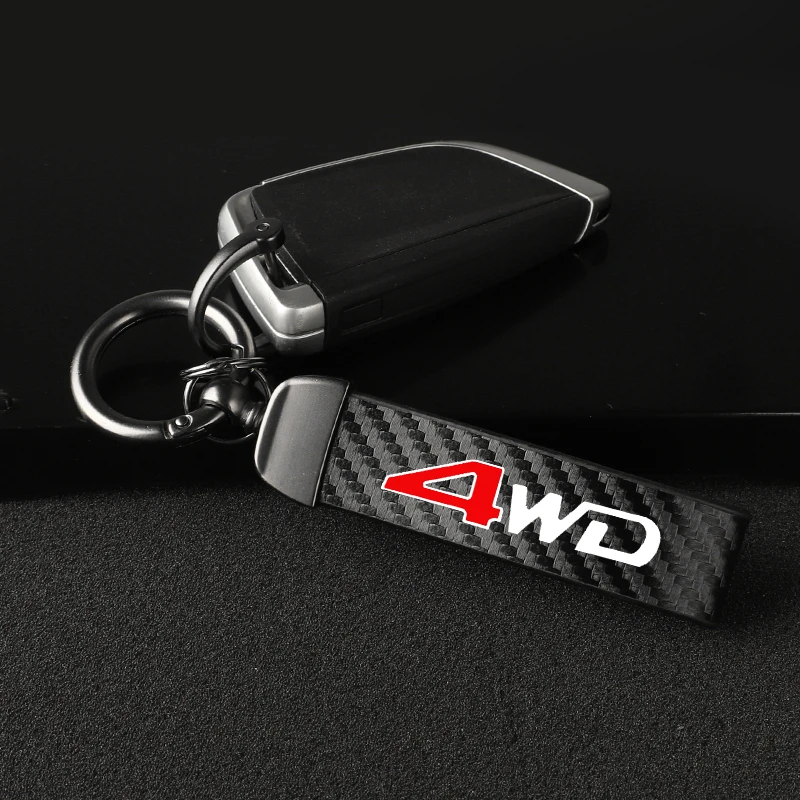 Carbon Fible Car KeyChain Horseshoe Key Rings with 4WD Emblem For Honda Mitsubishi ASX Outlander CRV Accord Civic Suzuki Swift