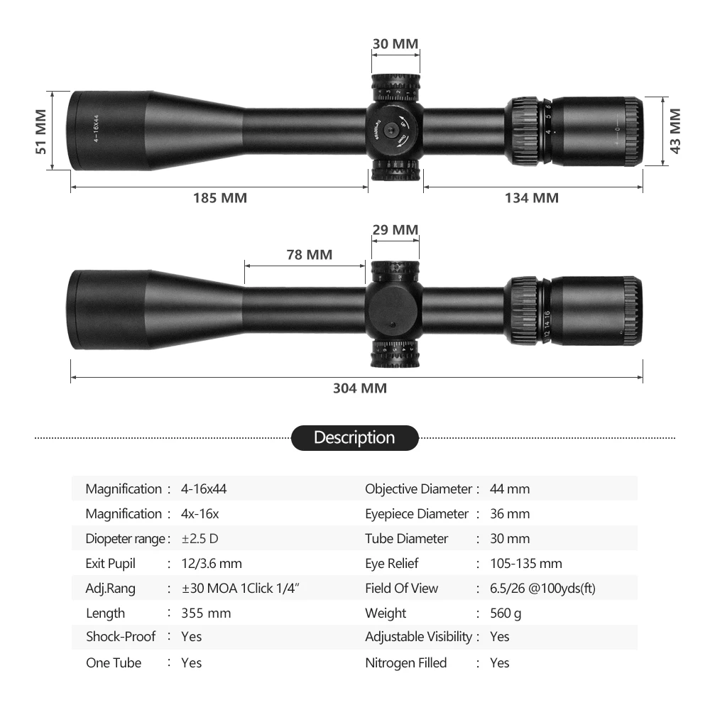 Тактический прицел SPINA Optics 4-16x44 цифровой сетчатый точечный для винтовки охоты