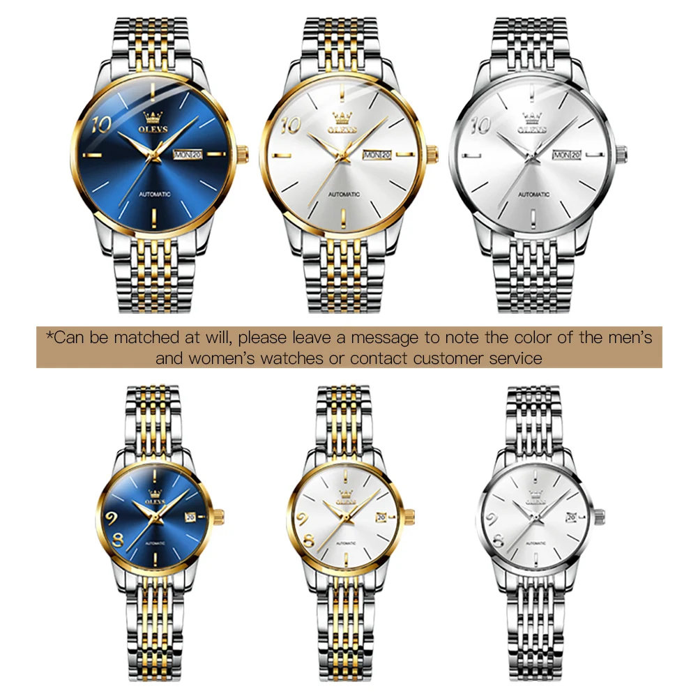 OLEVS Automatic Couple Watch Waterproof Stainless Steel Mechanical Watches Luxury Dress Self Wind Wristwatch Relogio Feminino