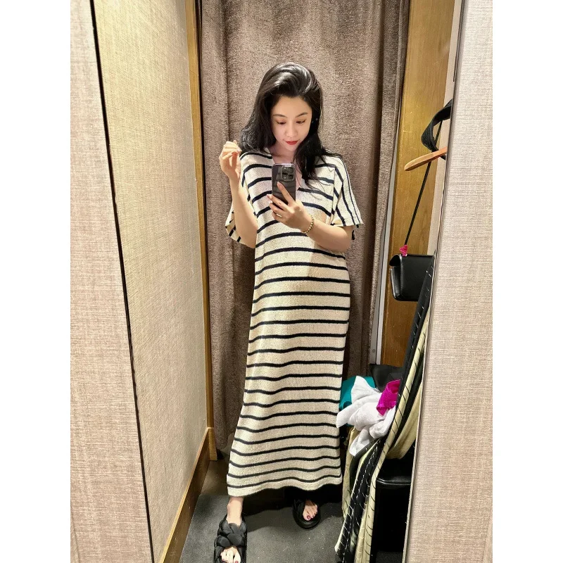 Весенне-летнее новое повседневное полосатое платье-рубашка-поло с длинными
