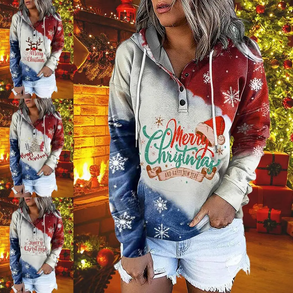 

Hooded Long Sleeve Drawstring Pullover Sweatshirt Merry Christmas Print Patchwork Women Hoodie Shrinkable Hem Xmas Sweatshirt
