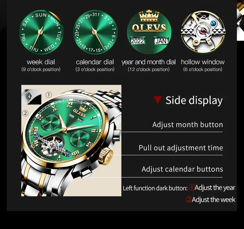 OLEVS Automatic Mechanical Watch Men Stainless Steel Strap Waterproof Classic Business Green Watch Skeleton Calendar Clock 6607 enlarge