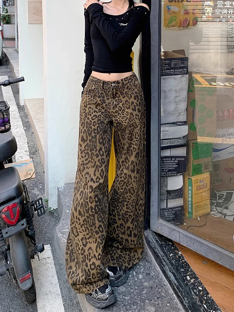 Plus Size Vintage Leopard Print Wide Leg Denim Women Fall New Arrival High Waist Loose Slimming and All-Matching Casual Strai...