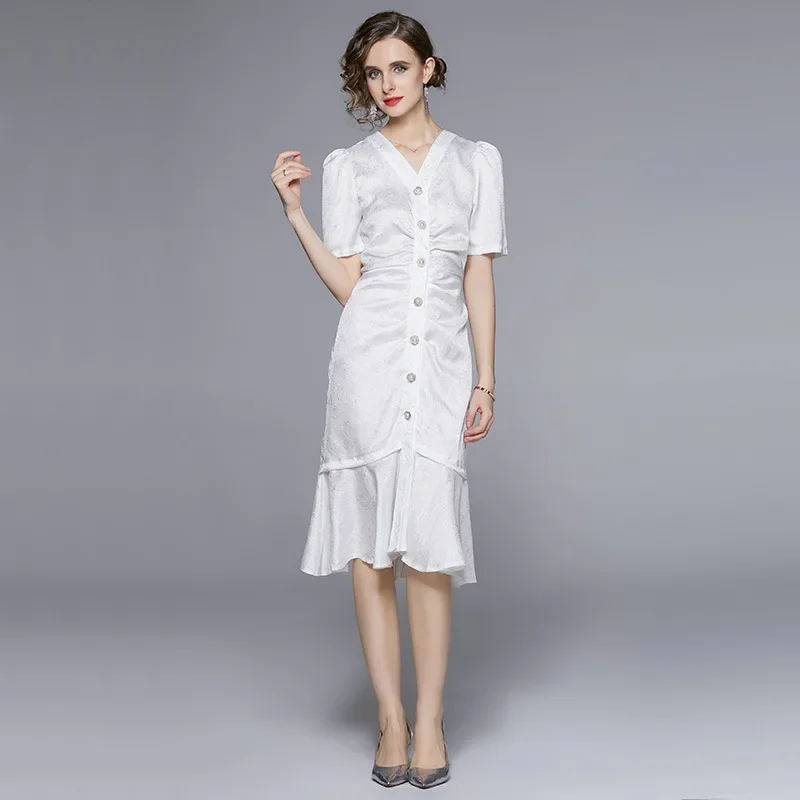 Лето 2022 новое элегантное платье средней длины из розового жаккарда с v-образным