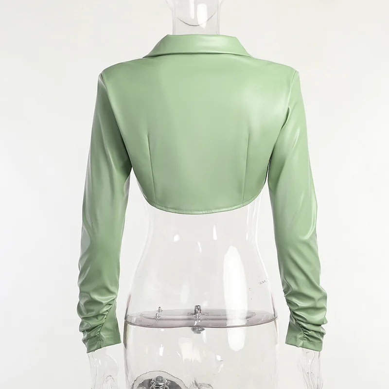 2022 Fashion Autumn Winter Pleated Long Sleeve Open Waist Short Sexy Women's Leather Top Coat Women's Leather Mini Short Top