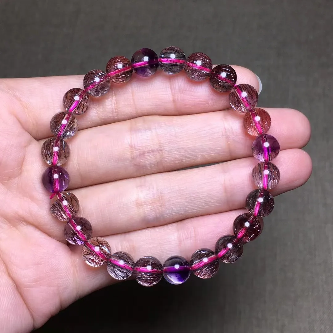 

7mm Natural Super Seven Melody Purple Rutilated Quartz Bracelet Jewelry For Women Man Energy Crystal Round Beads Strands AAAAA