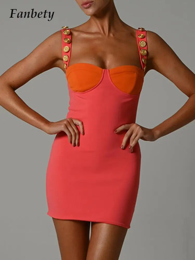 

Соблазнительное платье-мини контрастных цветов с глубоким вырезом для девушек, модное летнее платье на бретельках с открытой спиной и пуго...