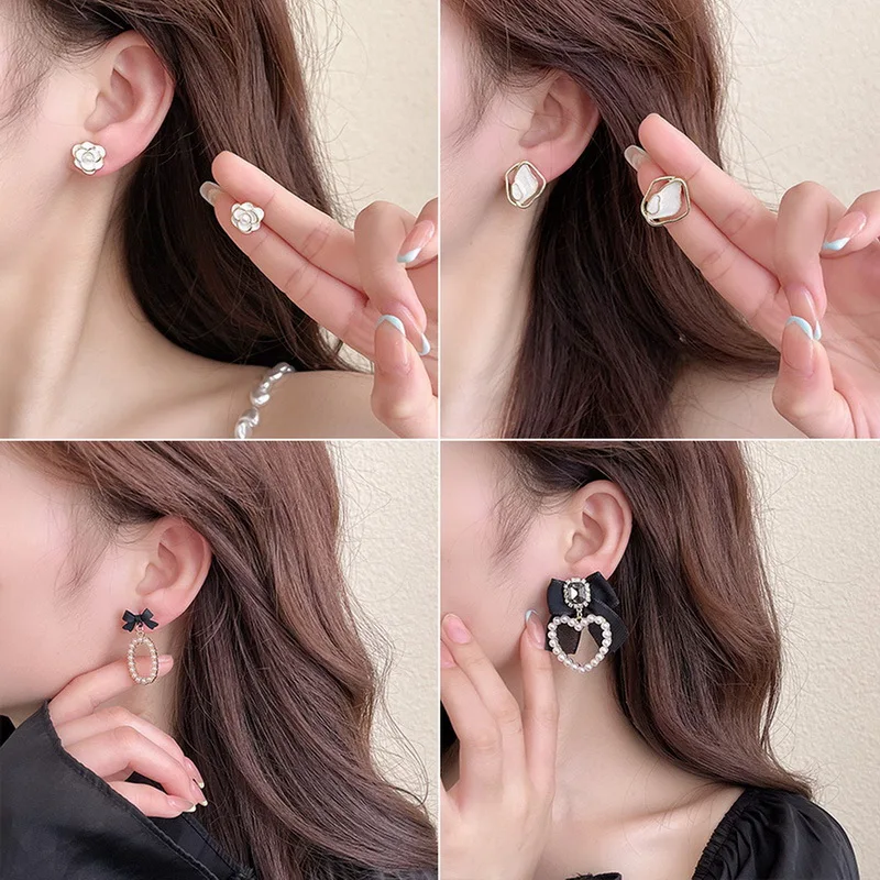 

Vintage French Bow-knot Heart Drop Earrings for Women Resin Zircon Pearl Heart Flowers Ear Studs Sweet Clip Earrings No Pierced
