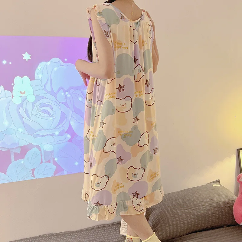 Summer Girls' Vest Style Dress Pajamas Round-Neck Sleeveless Floral Print Nightgowns One Size 100% Viscose Comfortable Vestidos