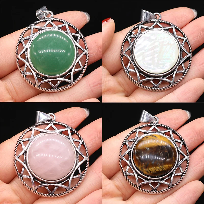 

Natural Stone Pendants Round Malachite Tiger Eye Vintage Antique Silver Alloy Pendant DIY Necklace Earring Jewelry Making Gift