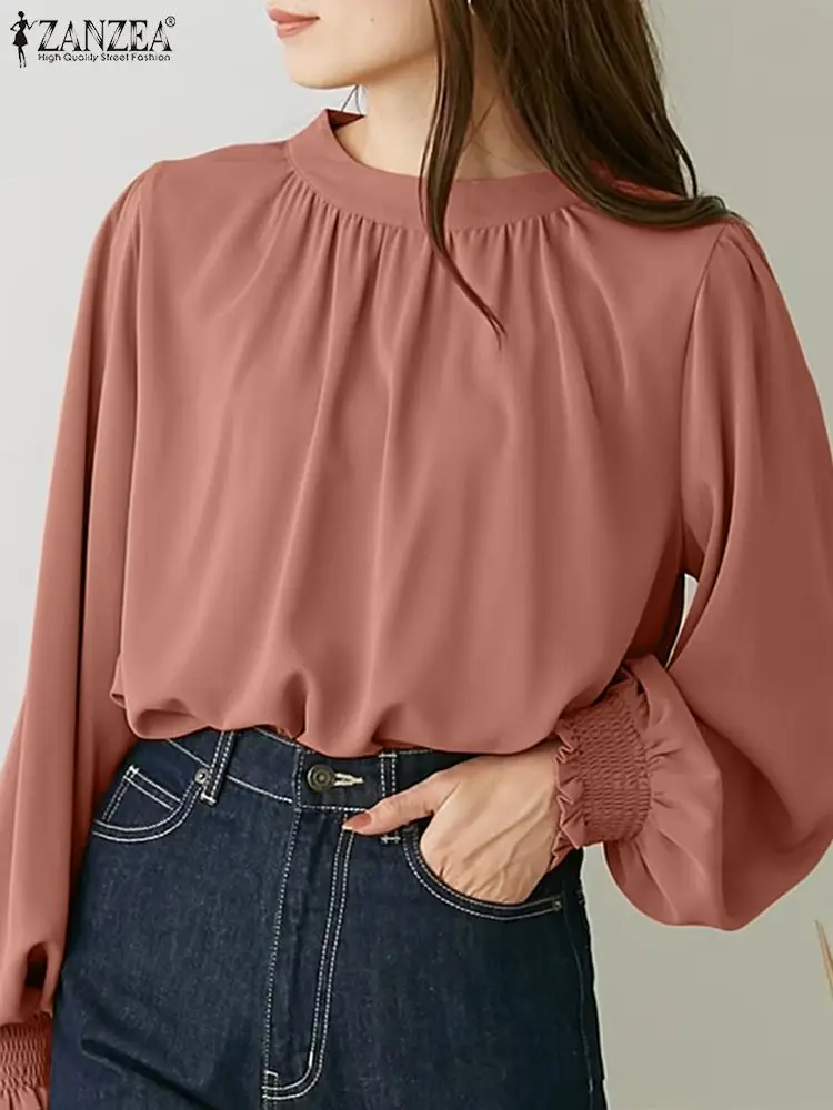 

Elegant Solid Pleated Shirt ZANZEA Women Long Sleeve Blouse Spring Party Ruffles Tops Casual Loose Work Blusa Mujer OL Chemise
