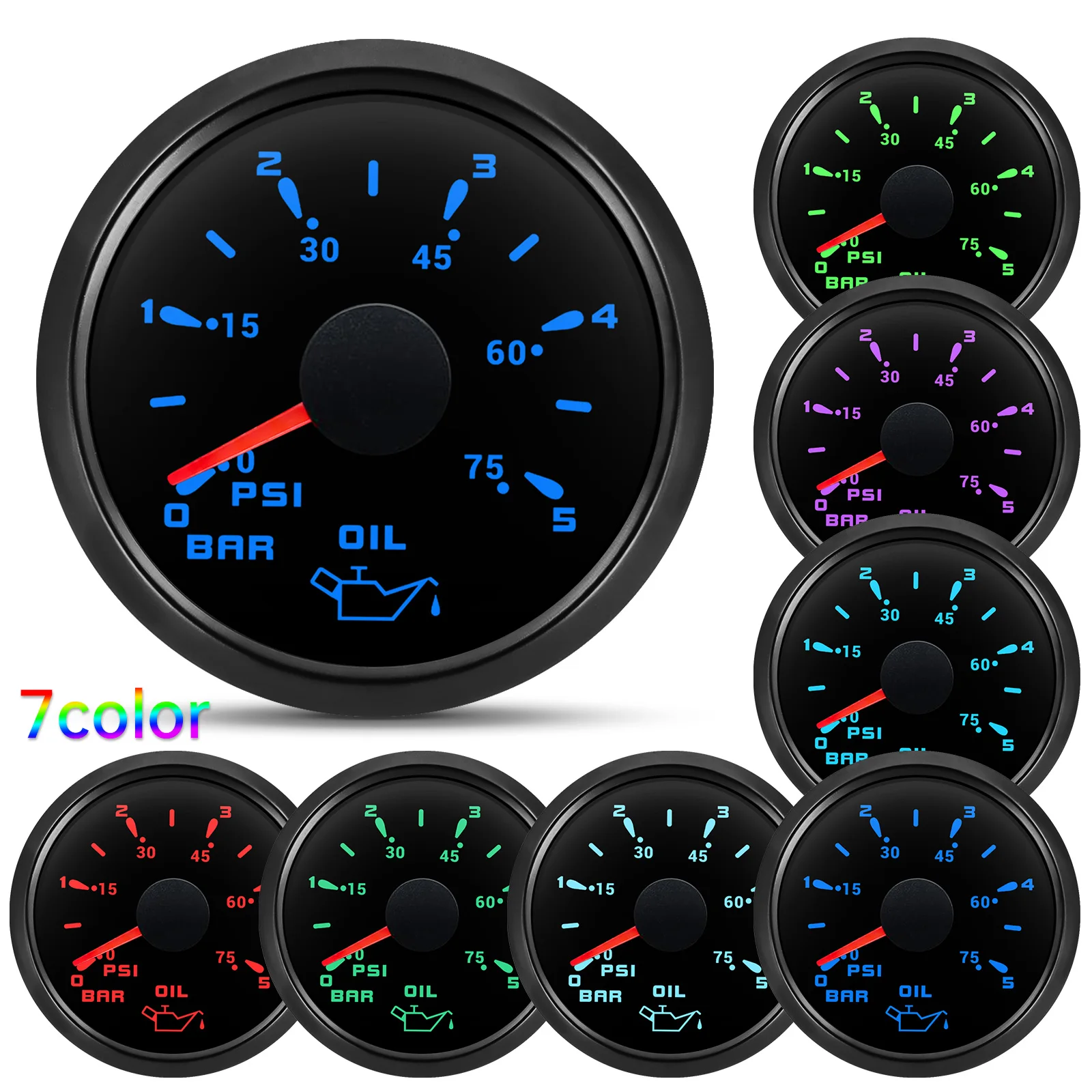 

7 цветов подсветки 0-5 бар 52 мм манометр масла 0-75PSI измеритель давления масла для авто морской пехоты 12 В 24 В водонепроницаемый индикатор