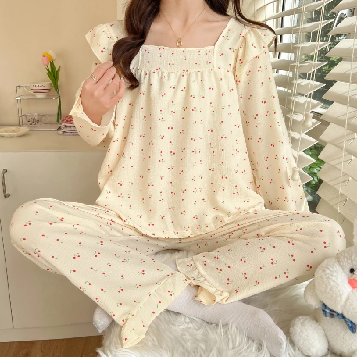 

CAIYIER Korean Flower Girls Sleepwear Sweet Square Collar Ruffles Nightwear For Ladies Autumn Winter Soft Cute Pyjamas Female