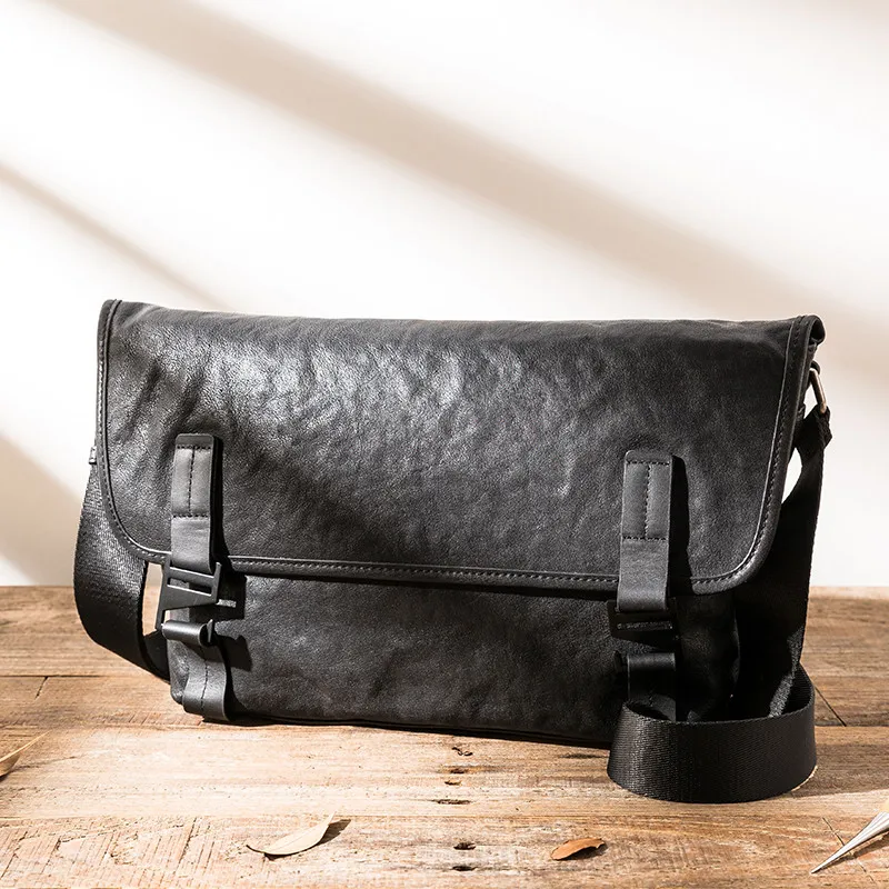 Casual handmade genuine leather men's black work messenger bag outdoor youth daily luxury real cowhide tablet hasp shoulder bag