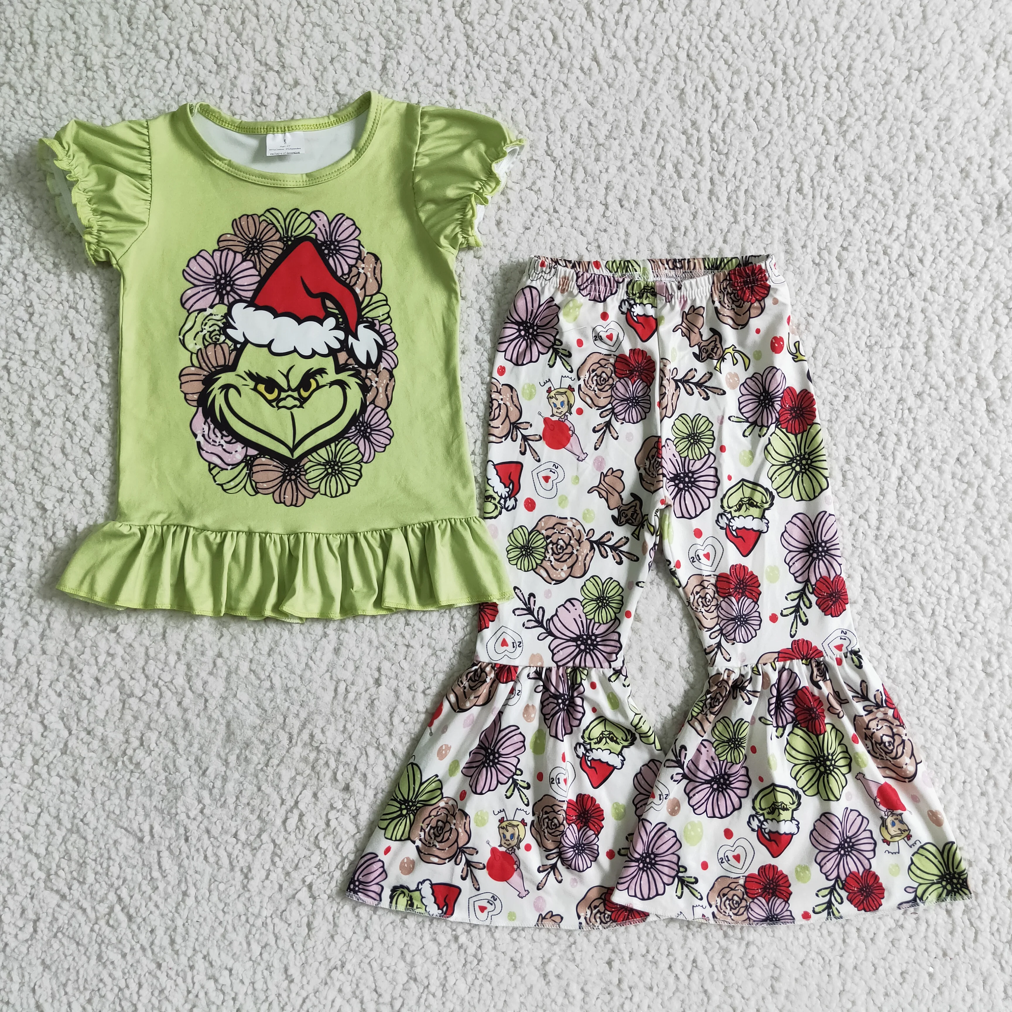 

Boutique Christmas Outfits For Toddler girls Short Sleeves Top Bell Bottom Pants Kids Green Cartoon Children hot sale Clothes