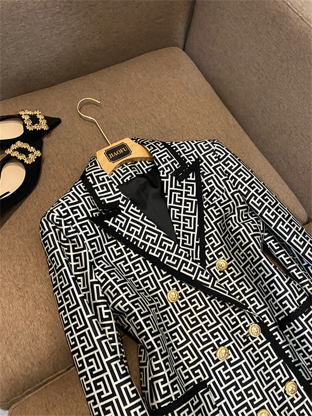 Vintage Jacket for Women Newest 2023 Trimmed Double Breasted Geometric Jacquard Coat Office Ladies Business Formal Blazers