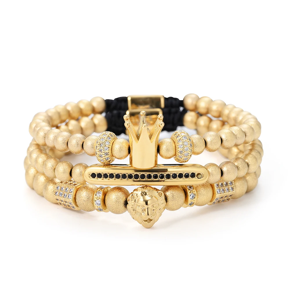 

Luxury Matte Beads King Lion Handmade Braiding Bracelet Men Enamel Stainless Steel Crown Pulseiras Jewelry