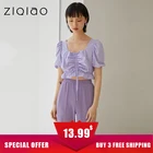 ZIQIAO женские фиолетовые милые укороченные топы с квадратным вырезом Плиссированные рубашки