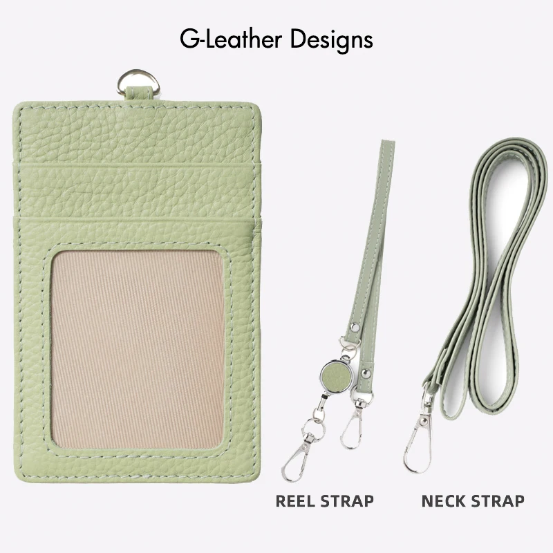Fashion Genuine Leather Lanyard ID Badge Holder Pebbled Leather Work Office Card Holder With Neck Reel 2 Strap Custom Name