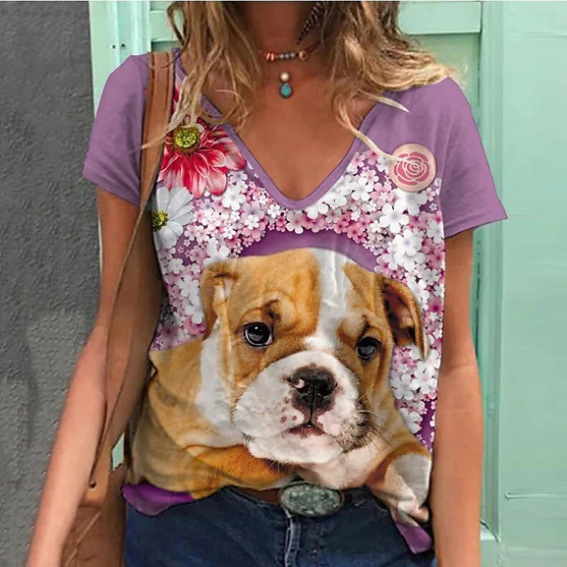 

2022 New Ladies V-Neck T-Shirt Cute Cat Splicing Pattern Casual Painting Top Summer Short Sleeve 3D Printing V-Neck Basic