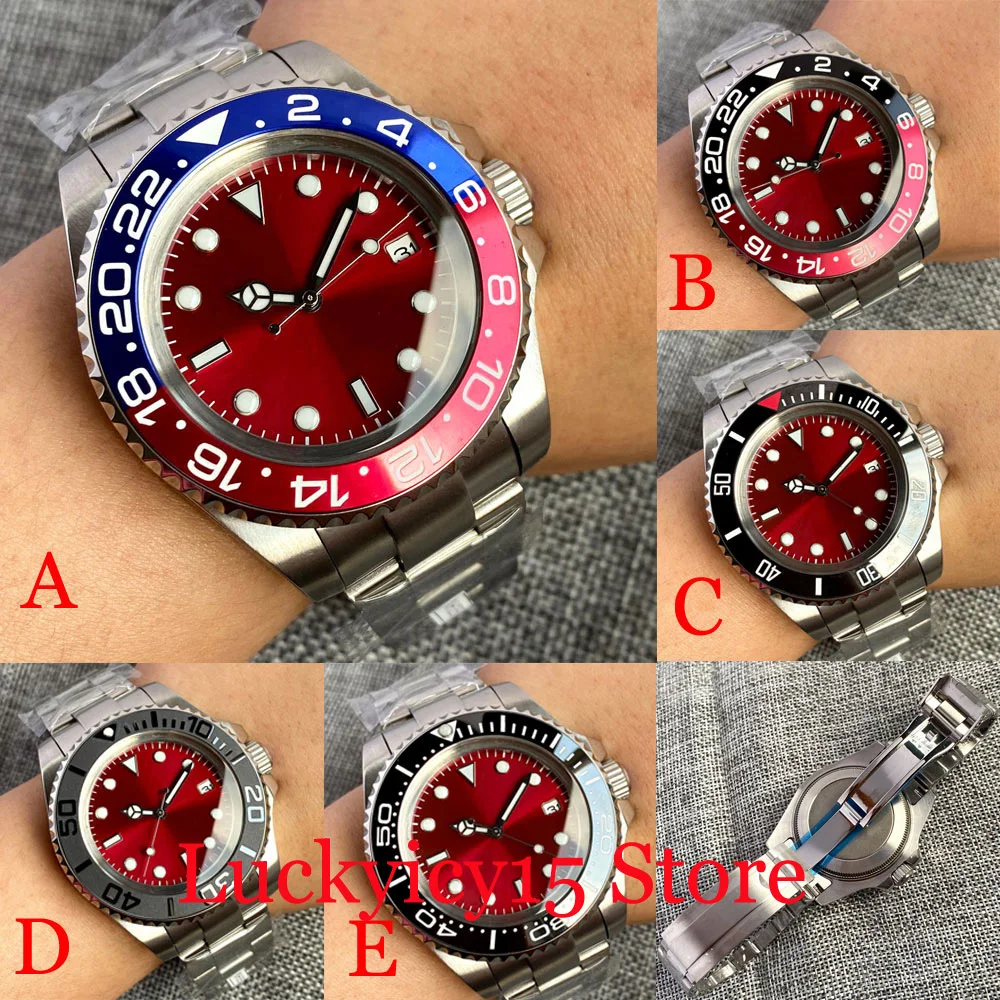 

BLIGER Big Sunburst Red Dial 43mm 43mm Automatic Men Watch NH35A PT5000 Movement Oyster Band Glide Lock Clasp Screw Crown