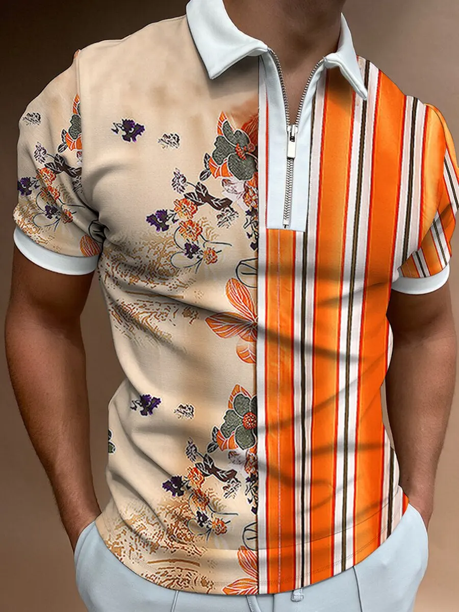 

Men's fashion high street stitching stripe print crease resistant waterproof short sleeve shirt men's casual zip-up lapel polo