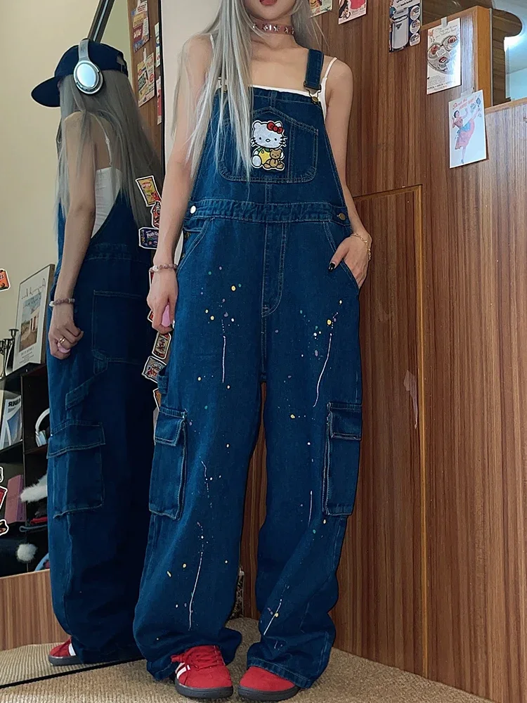 Женские джинсы в стиле аниме плотные мешковатые брюки на подтяжках милые