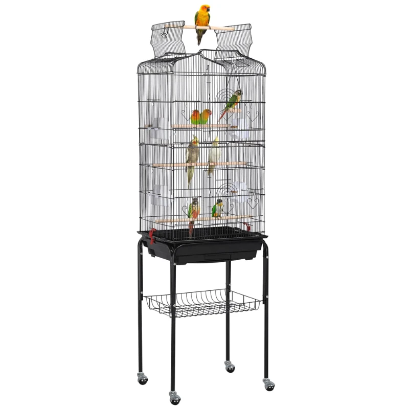 

64" H Rolling Metal Birdcage with Slide-Out Tray Open Top, Black Easy cleaning