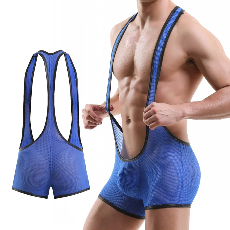 

New Men Bodysuit Underwear Sheer Teddies Lingerie Sexy Transparent Hollow-out Mesh Jumpsuit Singlet Boxershorts Wrestling Onesie