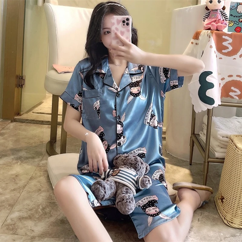 Женская шелковая ночная рубашка с коротким рукавом и принтом