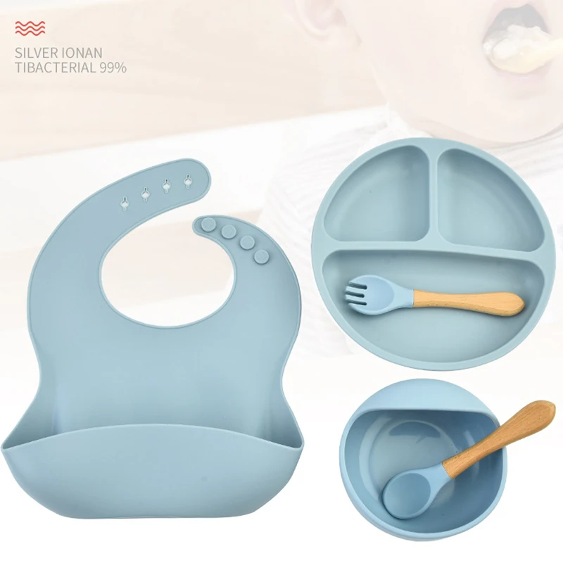 5pcs Baby Silicone Bibs Bowl Plate with Sucker for Children's Spoon Fork Non-slip Tableware Dinnerware Feeding Dishes BPA Free