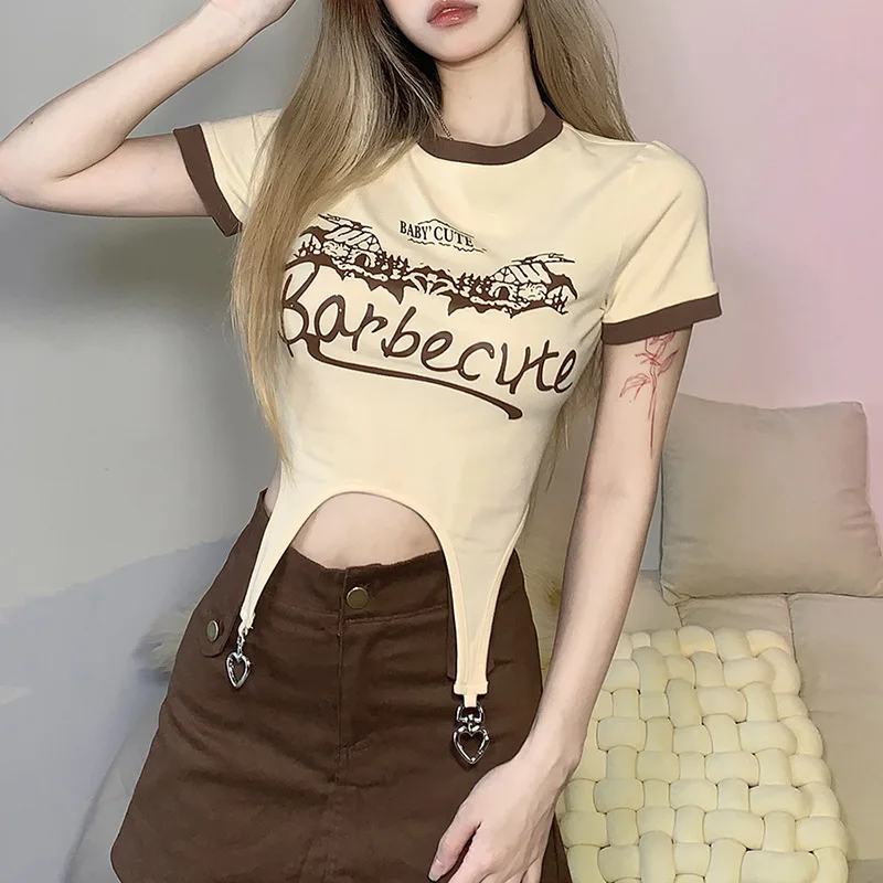 

Women's Print Sexy round Neck Slim Fitted Tops Short Sleeve Cross Wrap Ribbed Knit Shirt Tunic Blouse