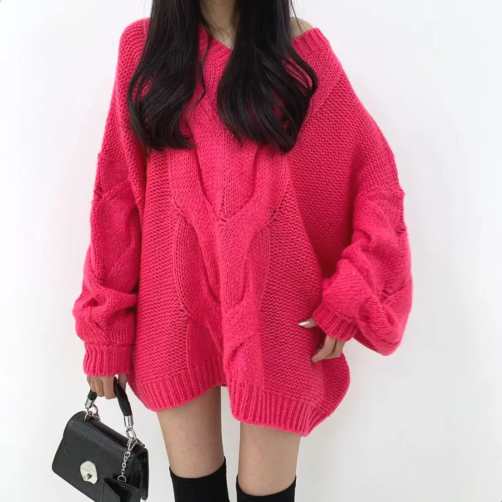 

Autumn and Winter New Spot Lazy Wind Loose Twist V-neck Long Twist Pattern Sweater