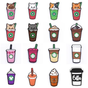 1pc Cute Cartoon Cat Coffee Cup PVC Shoe Charms Buckle Accessories for Croc Clogs Girls Sandals Deco