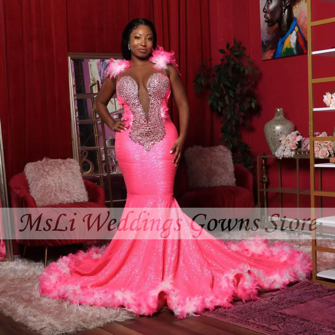

Pink Mermaid Prom Dresses For Black Girls Sequined Beads Feathers Sparkly Formal Party Evening Dress Vestidos De Graduación