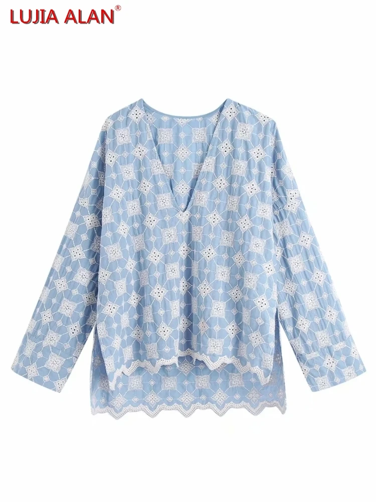 

Блузка женская летняя, с геометрической вышивкой и V-образным вырезом, свободная, с рукавами девять четвертей, S9175