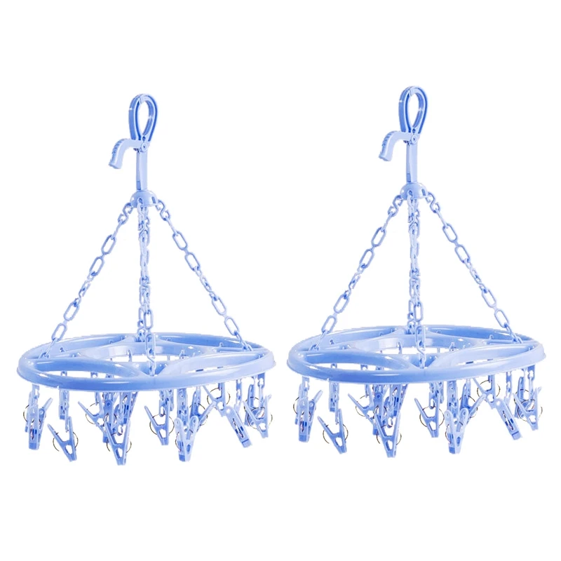 

2X Hanging Dryer 18 Clips Pin Laundry Clothes Hanger Underwear Socks Foldable New(Blue)