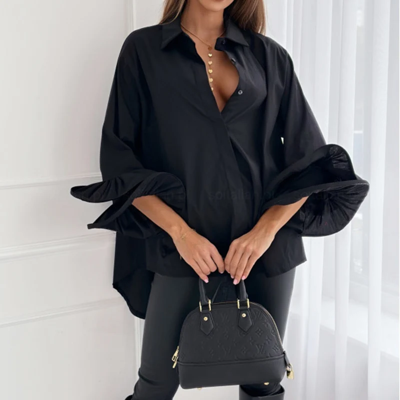 

Autumn Spring Casual Single Breasted Commute Blouses Simple Lapel Long Sleeve Shirts Tops Fashion Flare Sleeve Cardigan T-shirts