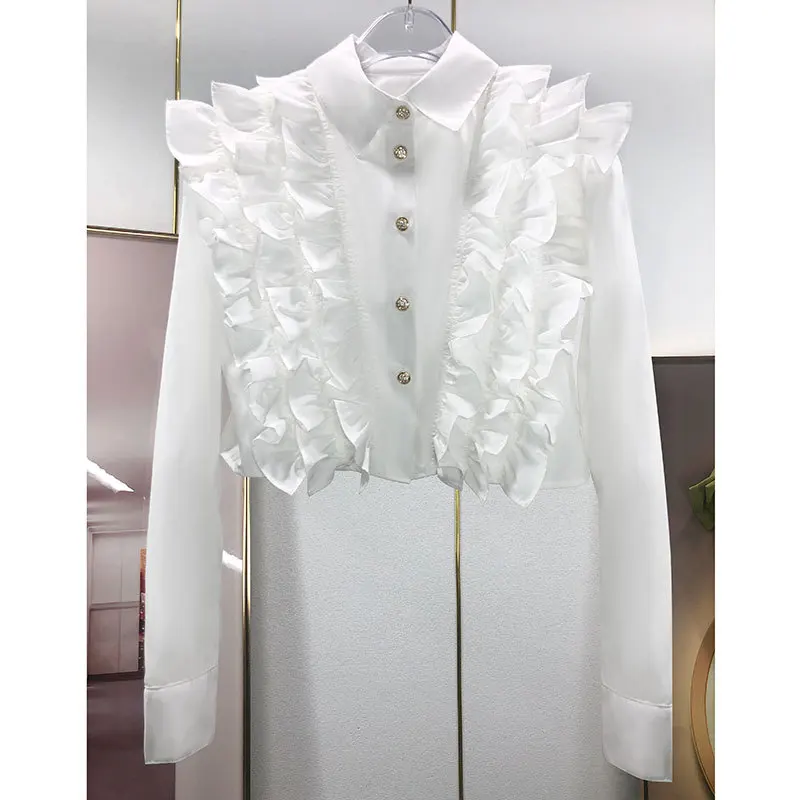 2022 Spring New Designer France Style Women's High Quality Ruffles Short White Shirt C599