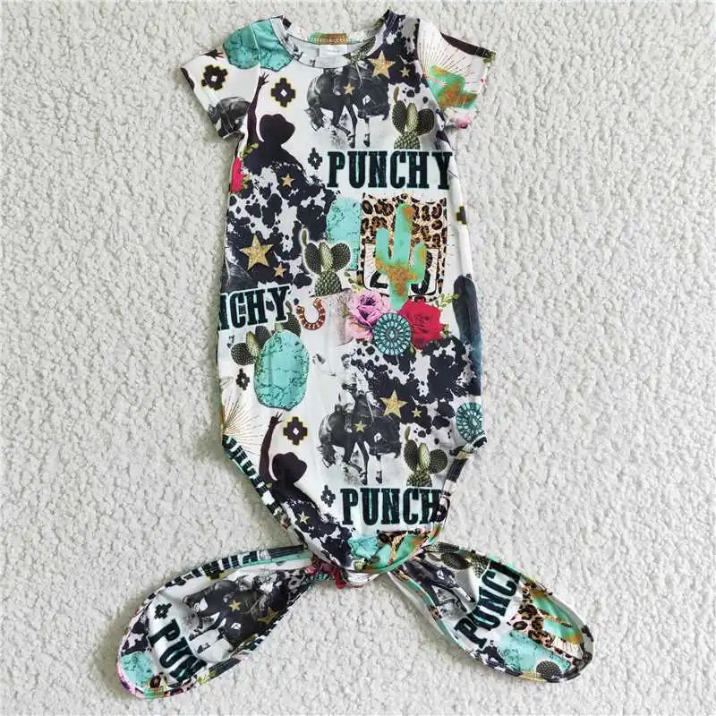 Summer Knotted Newborn Gown Baby Girl Rodeo Cactus Romper Western Clothing Kids One-piece Wholesale Toddler Punchy Horse Clothes