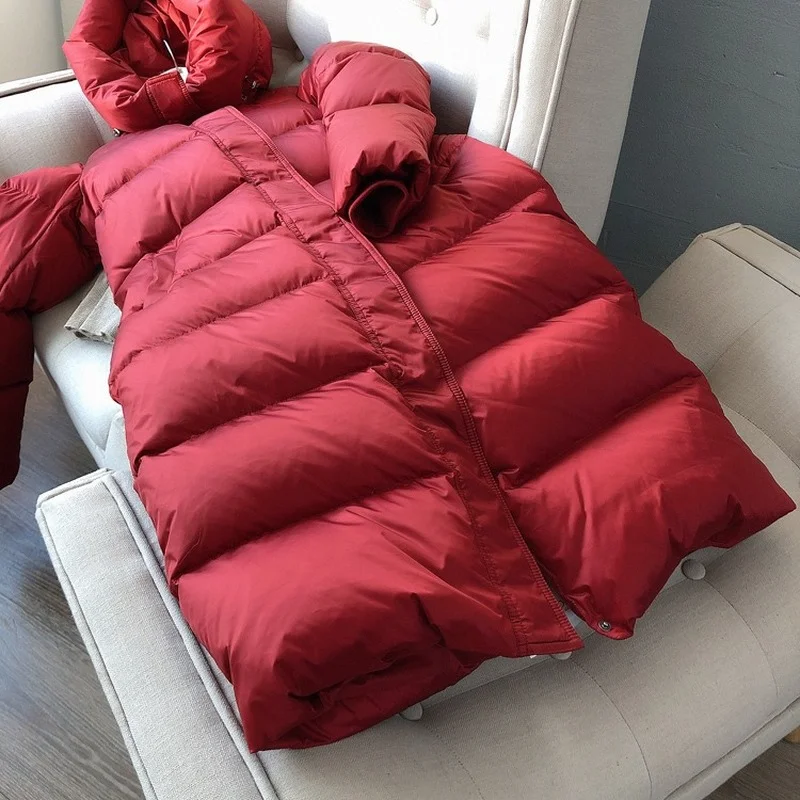 Women Coats Hooded Down Jacket with Thick Fluffy White Goose Down and Long Over-the-knee Winter Warm Jacket