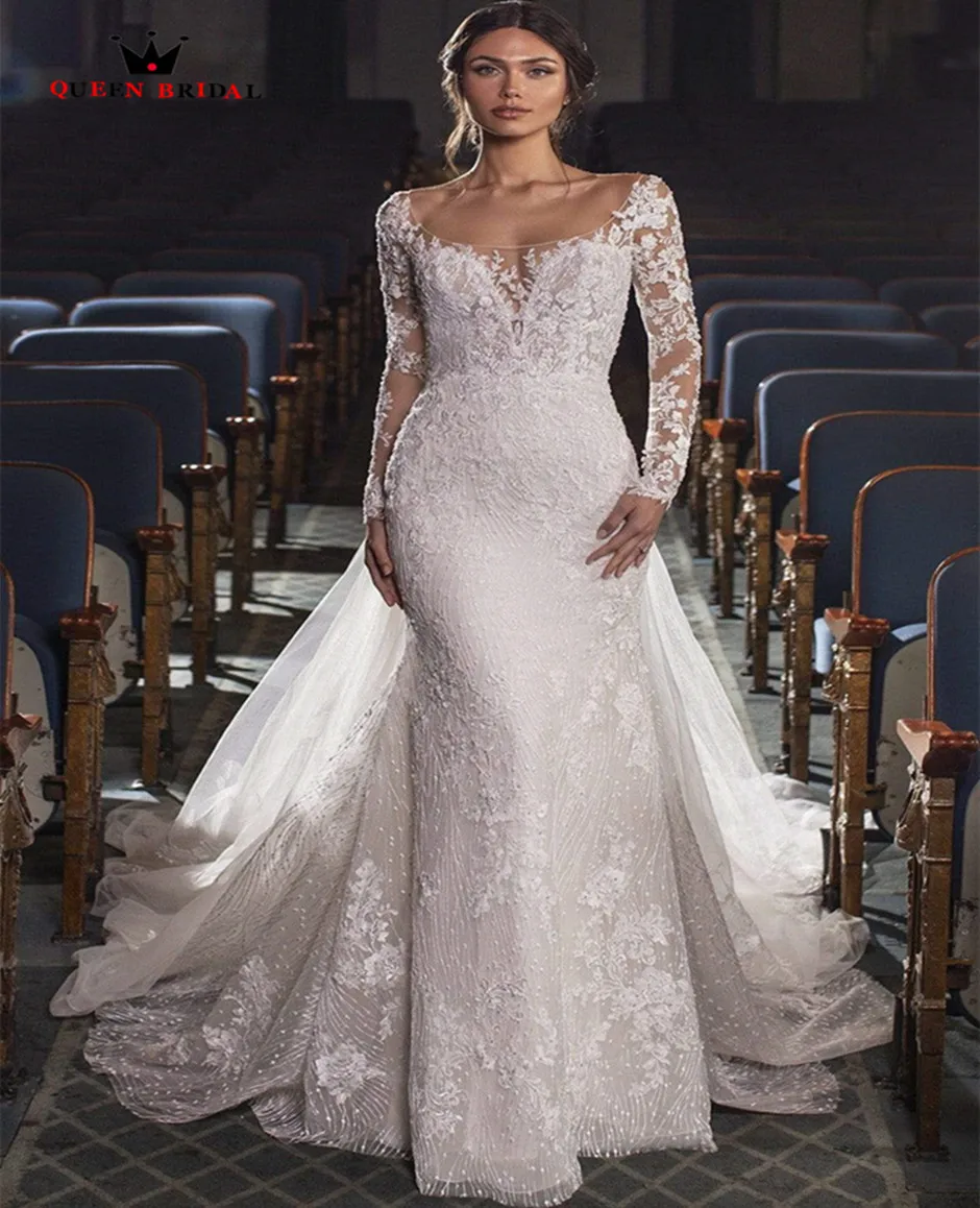 

Mermaid Wedding Dress 2023 Lace O Neck Long Sleeves Applique Bridal Dresses Tulle Buttons Removable Trailing Tail ZX14