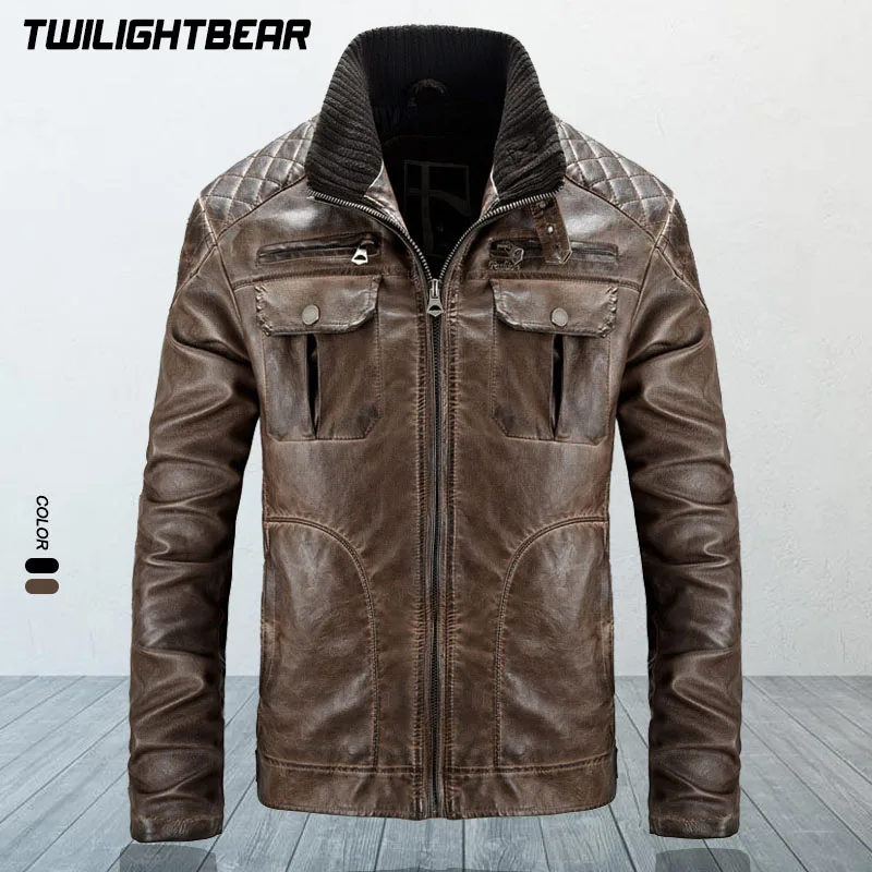 Retro Men's Leather Jacket Male Motorcycle Jacket Streetwear Casual Biker Jacket Men Clothing Leather Coat BFAL001