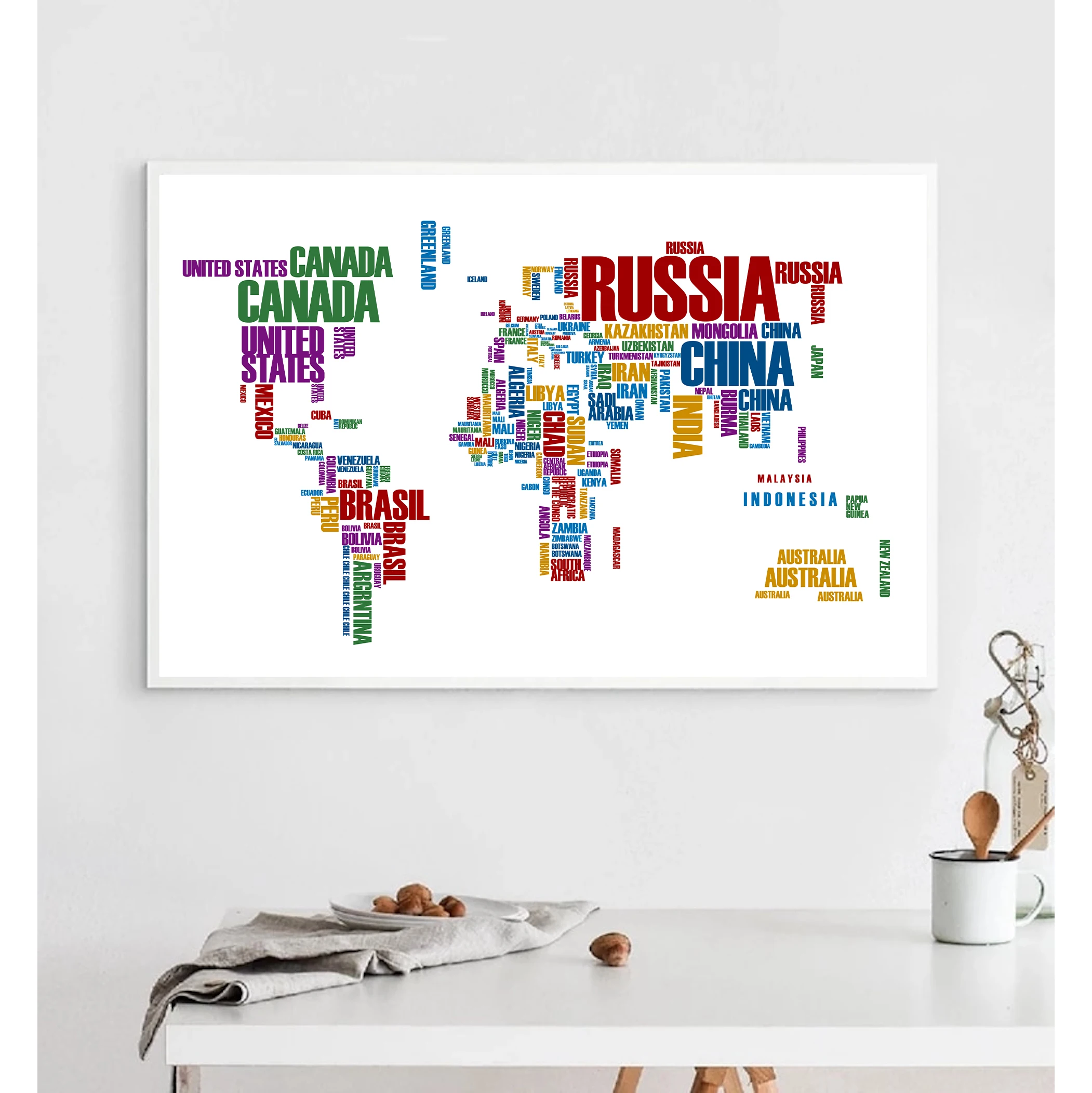 

Custom Printing Canvas Mural Funny Educational World Map Poster Colorful Letters Map Of World Wallpaper Classroom Stickers #0014