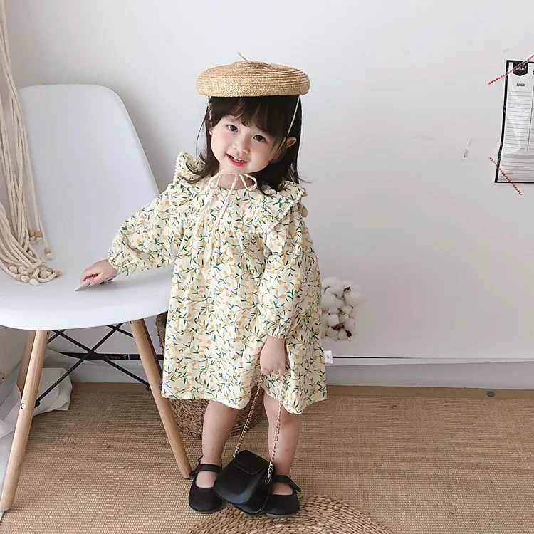 

Girl Dress 2022 Spring and Autumn Dress New Children's Skirt Long Sleeve Pure Cotton Pastoral Style Baby Princess Floral Skirt