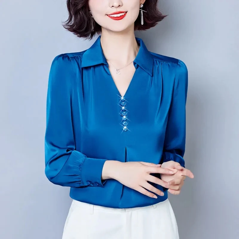 

Новинка 2023, шелковая рубашка, женская модная верхняя одежда с длинным рукавом, универсальная рубашка для женщин среднего возраста на весну и осень