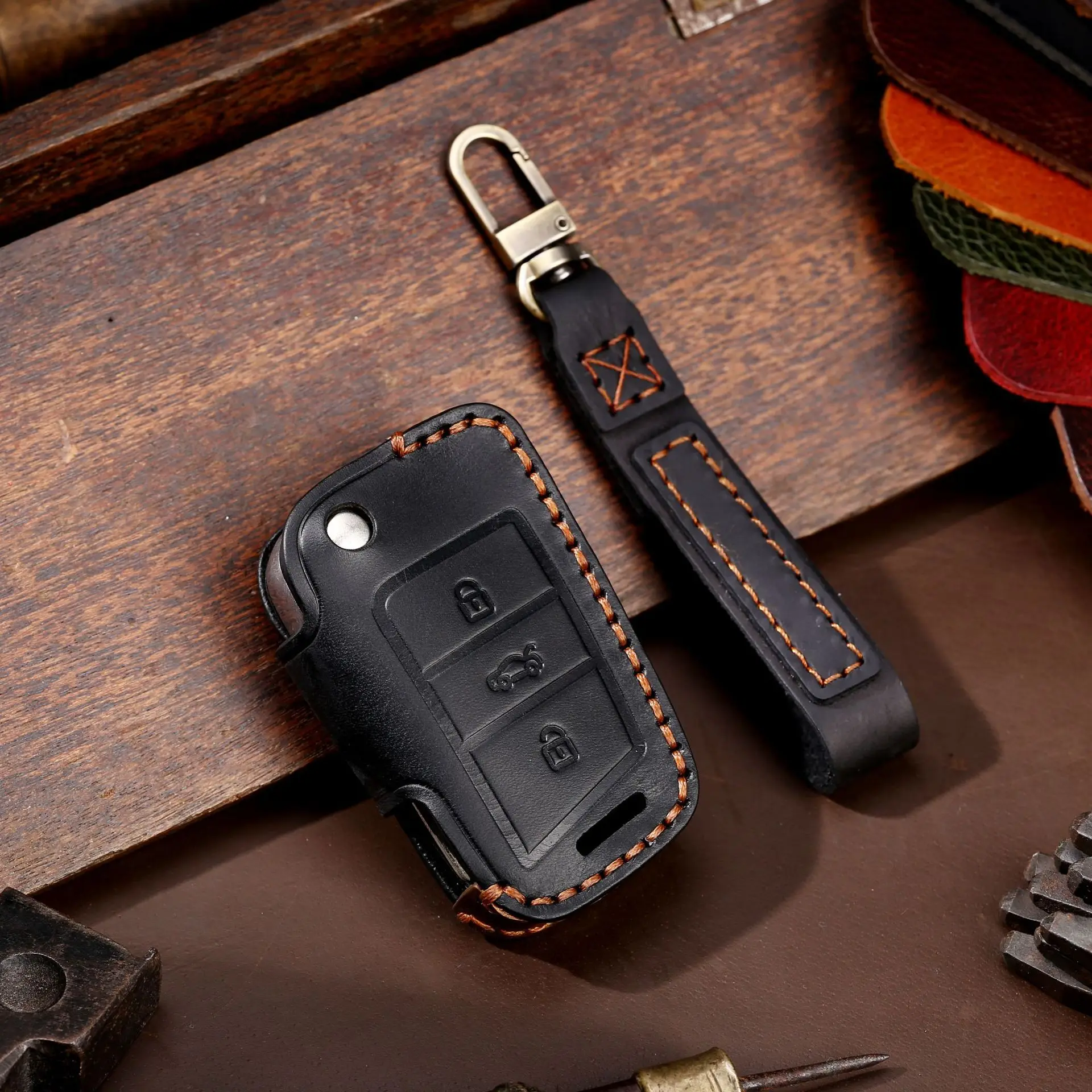 

Leather Car Key Case Cover Fob Keychain Accessories Ibiza Leon Altea Keyring Holder Bag for Skoda Octavia Volkswagen Golf 7 Mk7