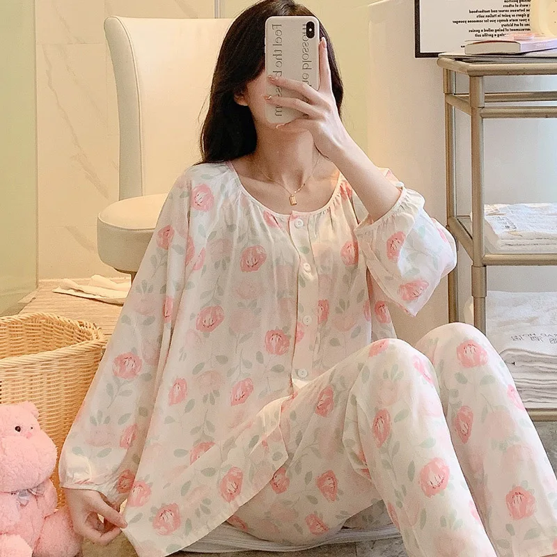 Ladies Pajamas Set Cotton Silk Long Sleeves Floral Cardigan Pijamas Sleepwear Sweet Pijamas Women