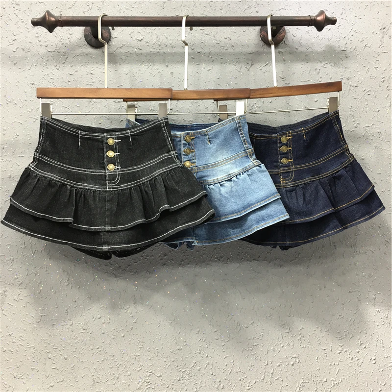 

Mini Denim Skirts Summer New Fashion Pleated Denim Cake Skirt Slim Fluffy Jean Skirt