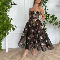 romantic black lace fairy evening dress sweetheart with 3d flower tea length short prom party gowns for special occasion women